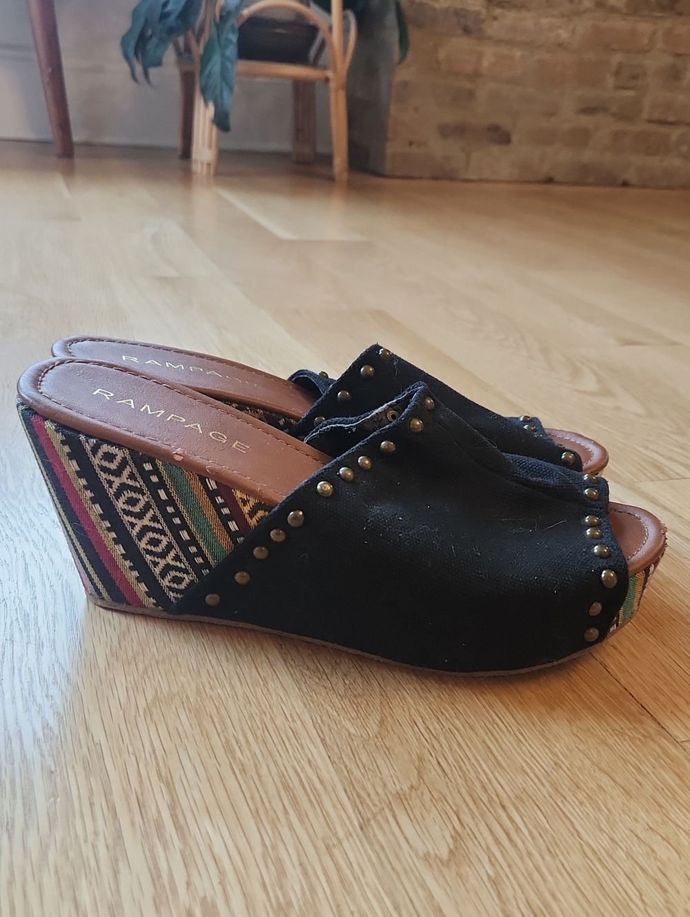 Rampage Black Studded Wedge Sandals with Multicolor Patterned Heel